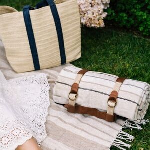 Mark & Graham Picnic Blanket Blue/White Stripe NEW $129